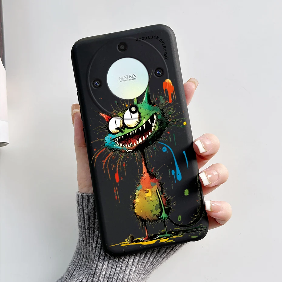 Una persona que sostiene un teléfono celular con un monstruo de dibujos animados