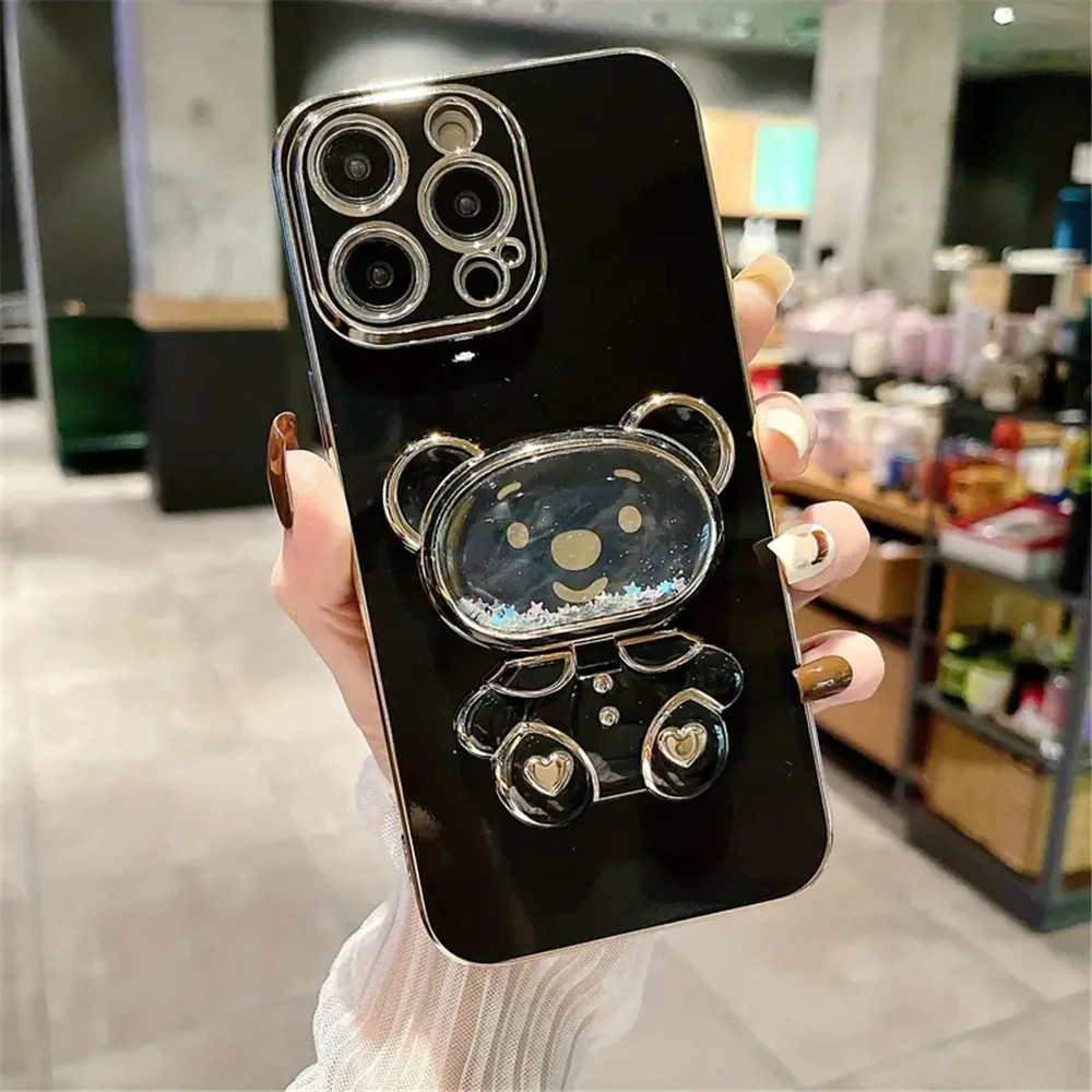 Funda con soporte plegable para iPhone, carcasa con espejo de oso bonito para modelos 11, 12, 13, 14, 15 Pro Max, XS Max, XR, 7, 8 Plus, con purpurina y arena movediza - imagen 4
