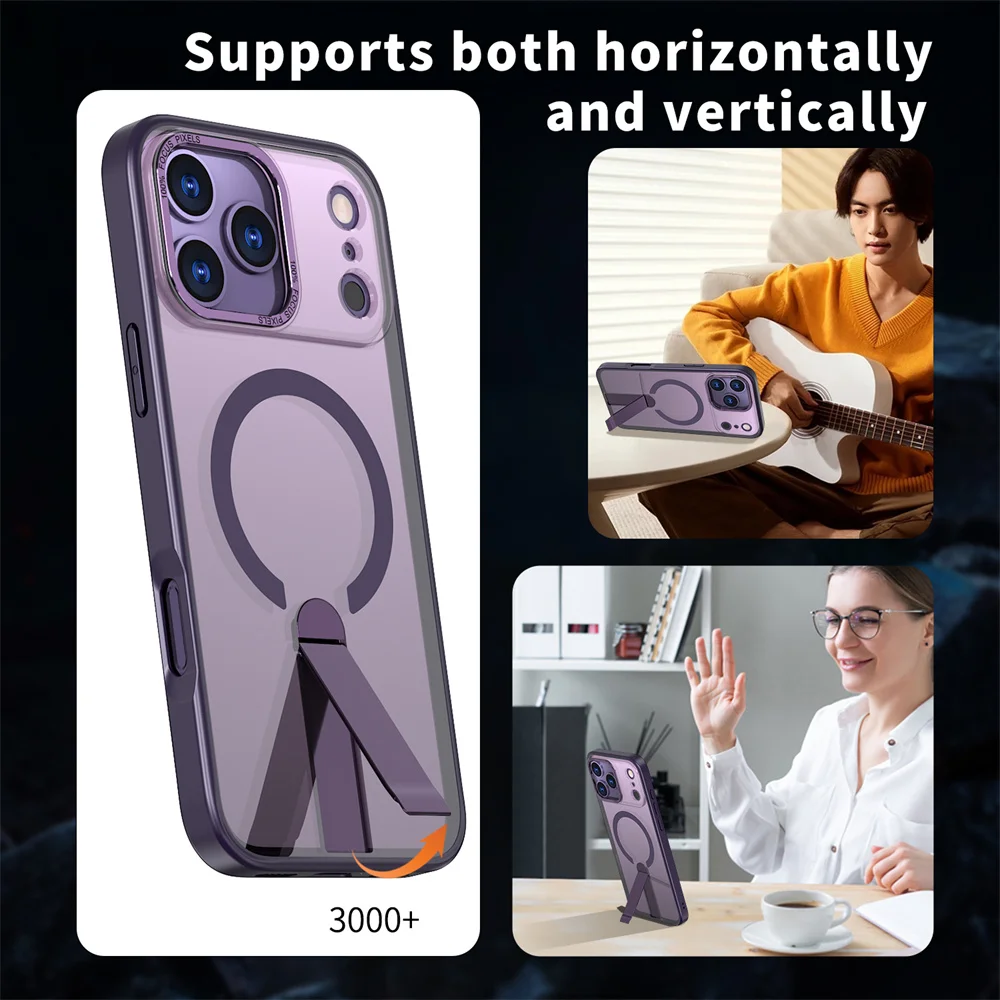 Funda de teléfono magnética con soporte plegable de Metal Magsafe de lujo para iPhone 16 17 Pro Max Air 16e 14 15 Plus 13 12 11 cubierta acrílica - imagen 3