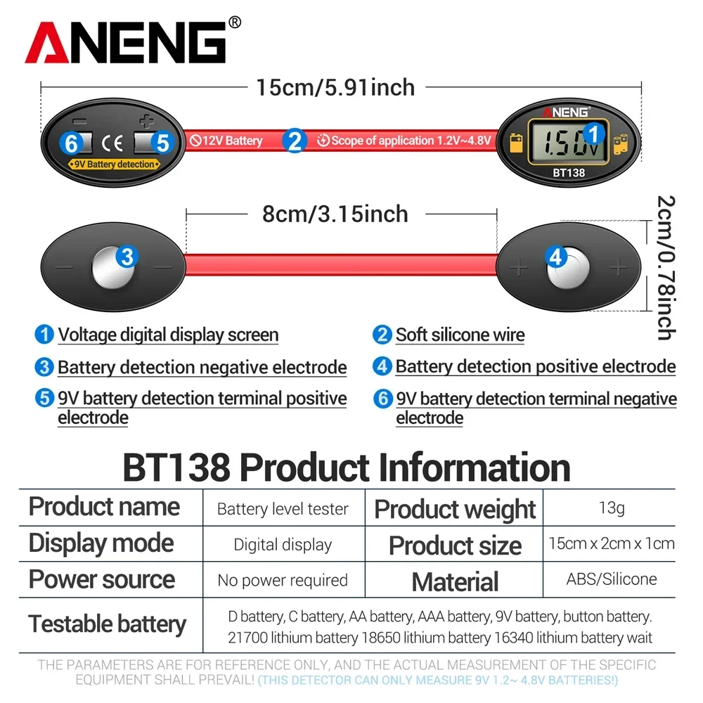 ANENG BT138 probador de batería portátil C D AA AAA pila de botón pantalla de prueba de litio probador de batería herramienta Detector de banco de energía - imagen 5