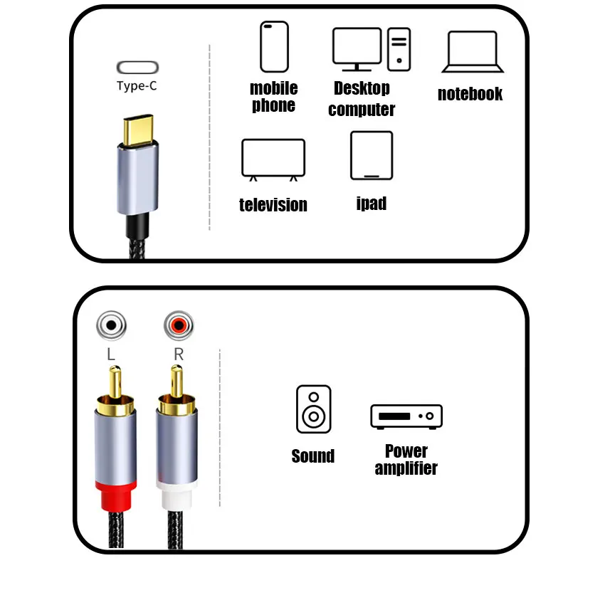Adaptador de enchufe USB C a 2RCA macho, divisor tipo C a RCA macho a macho Y RCA para coche, altavoz estéreo auxiliar, cable Amp - imagen 3