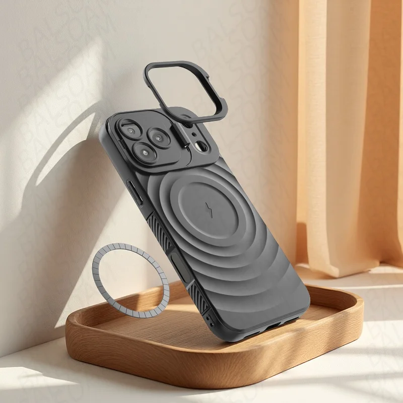Para Magsafe carga inalámbrica magnética mate ondulado plegable soporte de cámara para iPhone 17 Air 16 15 14 Plus 13 Pro Max TPU cubierta - imagen 2