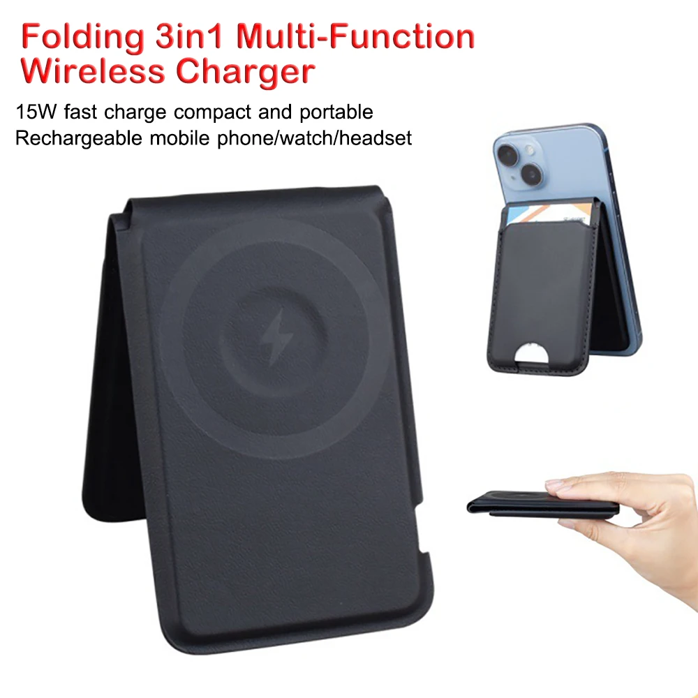 Cargador inalámbrico plegable 3 en 1 de carga rápida de 15W, cargador trasero de PU recargable portátil multifunción, soporte magnético para auriculares - imagen 3