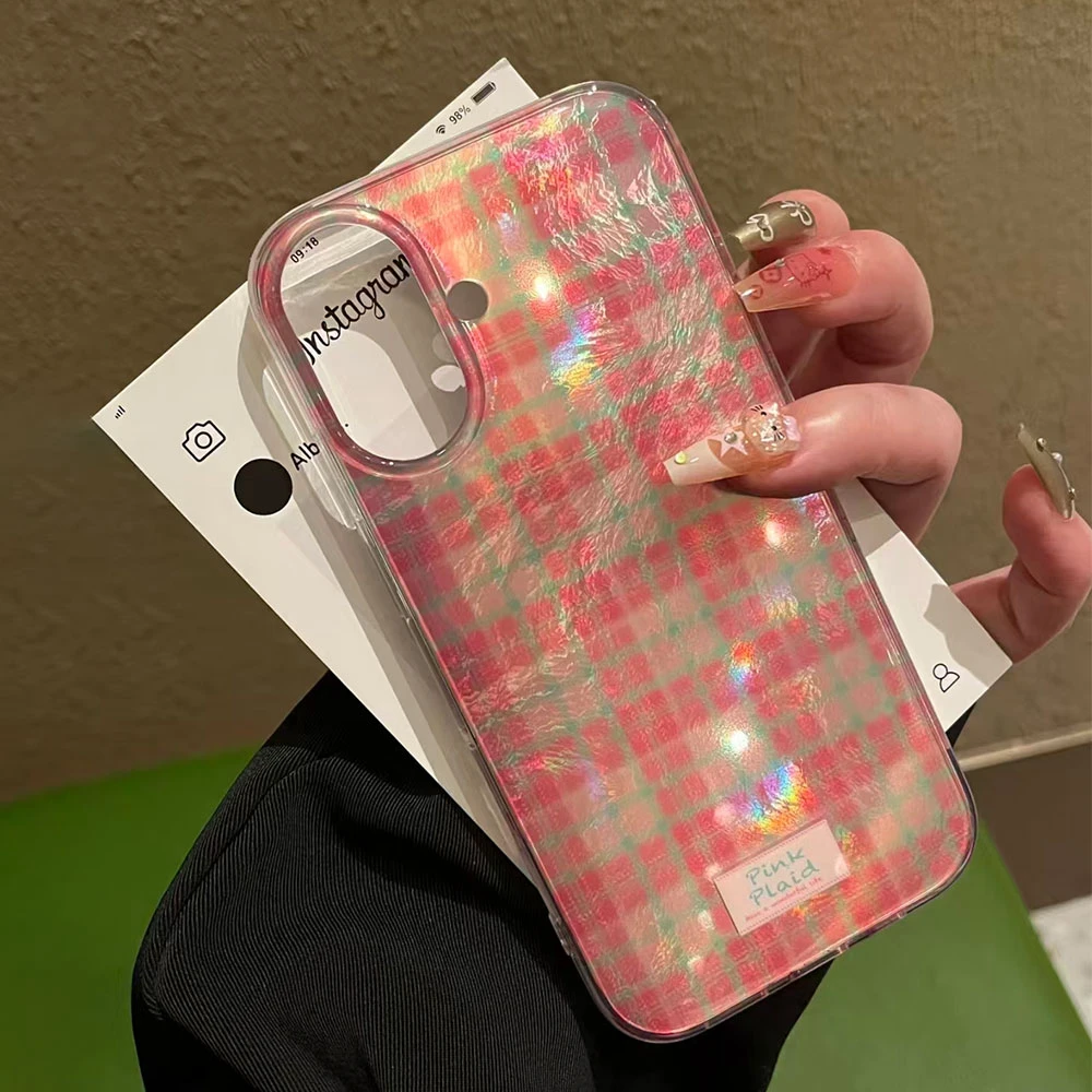  Funda de teléfono con patrón de rejilla de empalme rosa para iphone 17 Air 16 15 14 13 11 12 Pro Max 7 8 Plus X XS XR SE 2022 2020 16e, funda para mujer - imagen 3