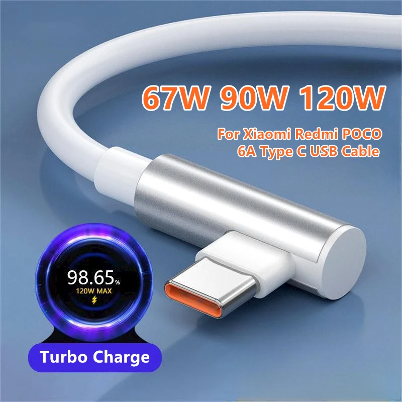 Codo de 90 grados 6A 67W/120W Cable tipo C de carga rápida para Xiaomi 13 14 15 Ultra Redmi Note 12 13 14 Pro POCO X4 GT X5 X6 X7 Pro