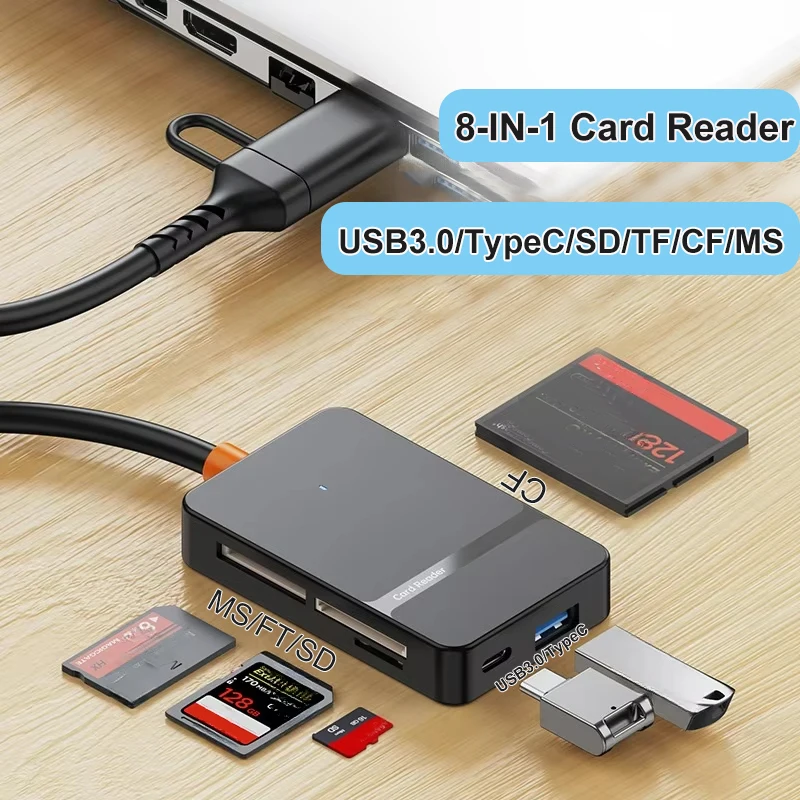 Lector de tarjetas USB 3,0 SD Micro SD TF CF MS adaptador de tarjeta Flash compacto para ordenador portátil PC lector de tarjetas múltiples 8 en 1 lector de tarjetas inteligentes