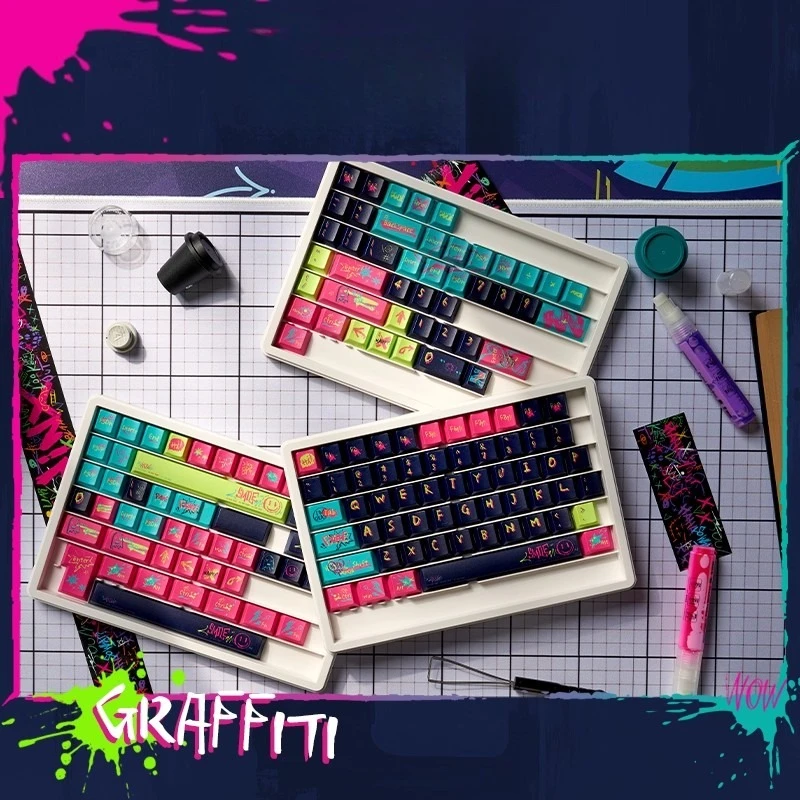 Teclas con tema de Graffiti dibujadas a mano, color azul, 152 teclas, perfil de cereza PBT, tapa de teclado para juegos personalizada para regalos de teclado mecánico - imagen 2
