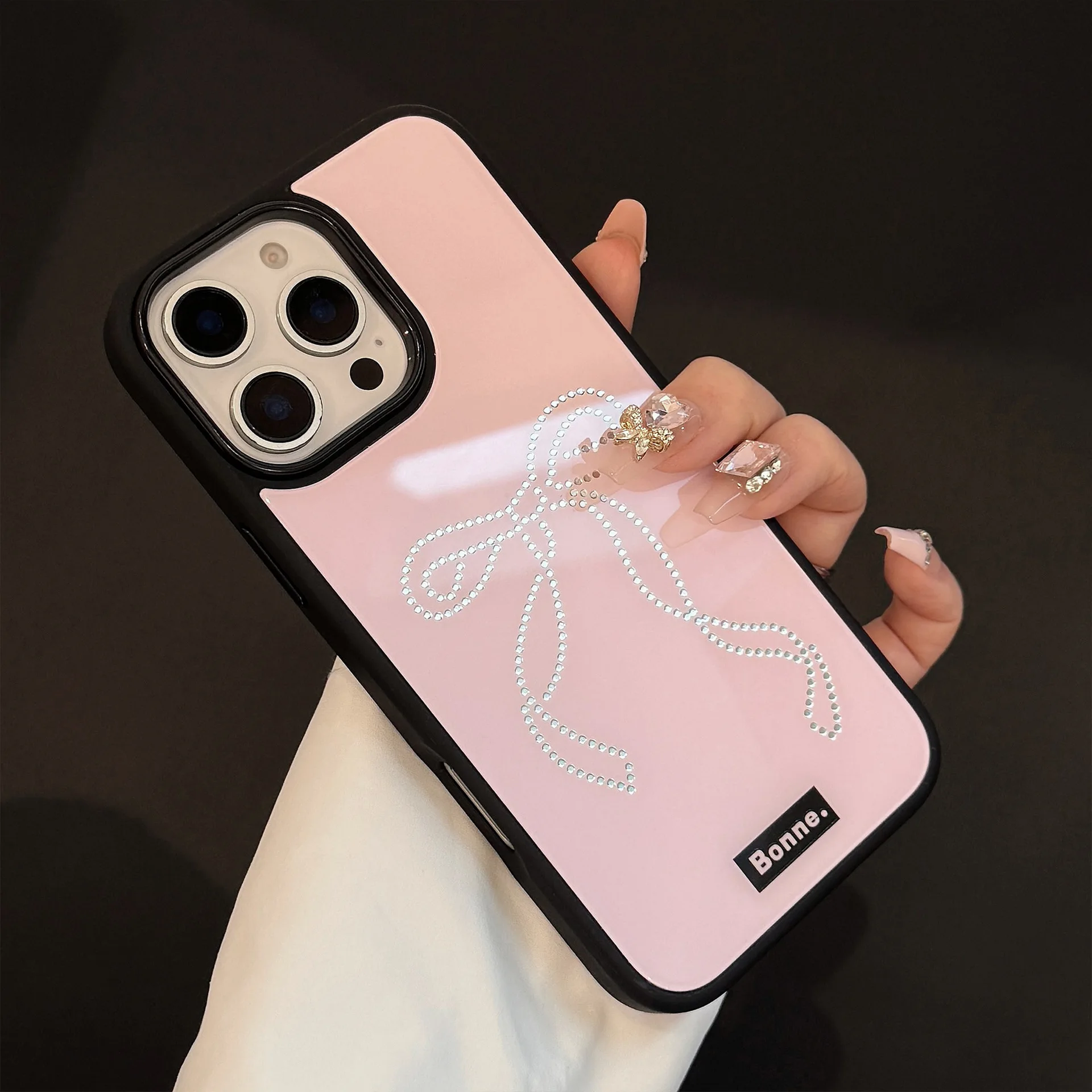 Funda de teléfono rosa brillante para iPhone 16 Pro Max 15 14 Plus 13 12, bonita funda dura con lazo de diamantes de imitación a prueba de golpes para regalo - imagen 4