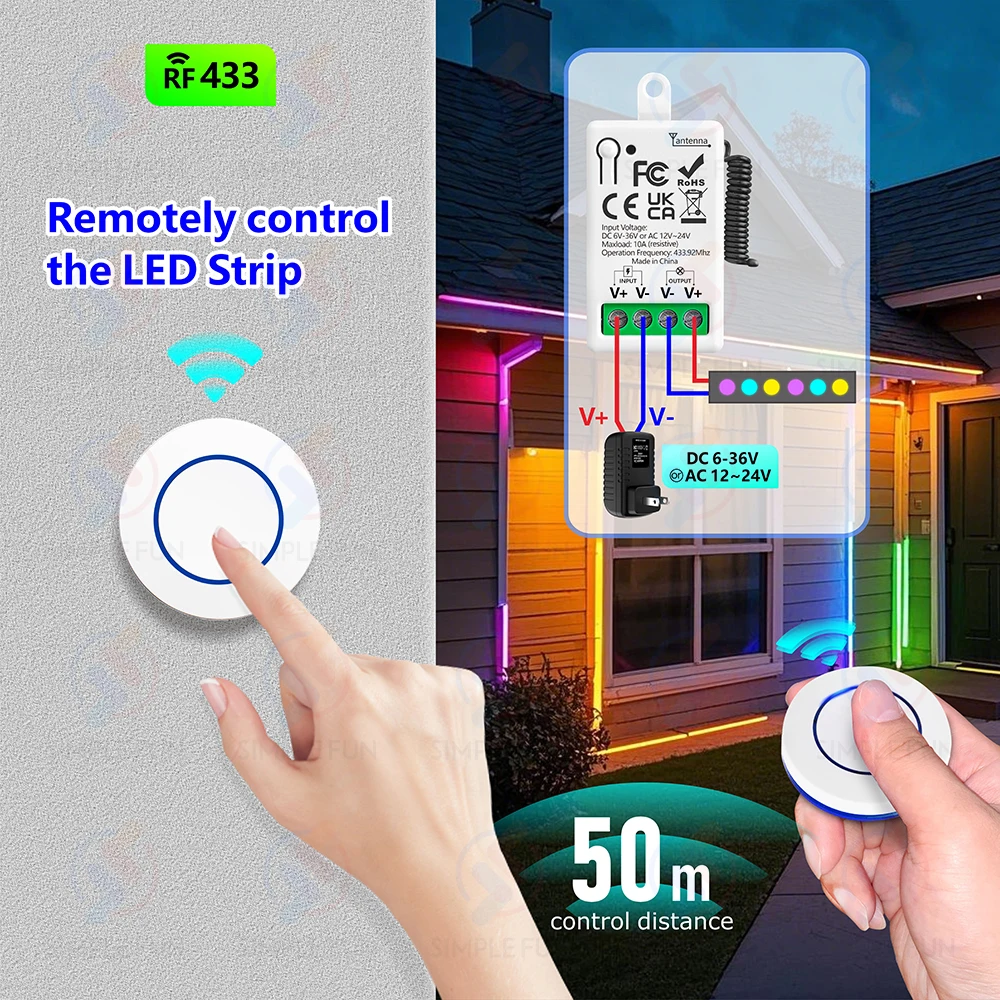 433Mhz DC 12V interruptor de luz de control remoto inalámbrico DC 6V-36V 10A receptor de relé 50m de alcance, para bombas LED ventilador cerradura magnética ON OFF - imagen 3