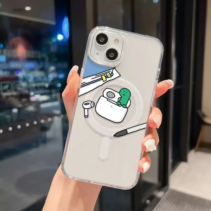 Funda de teléfono magnética ins dinosaurio coreano j-joguman Magsafe para iPhone 16 15 14 13 12 11 8 Plus Pro Max X XR XSMax cubierta transparente de Tpu - imagen 5