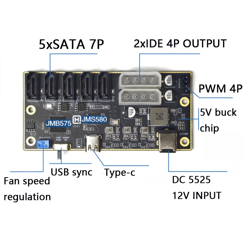 Tarjeta de expansión HDD externa SSD de disco duro tipo C a 5sata, tarjeta de datos de disco duro, módulo de fuente de alimentación CC para ordenador industrial NAS - imagen 3
