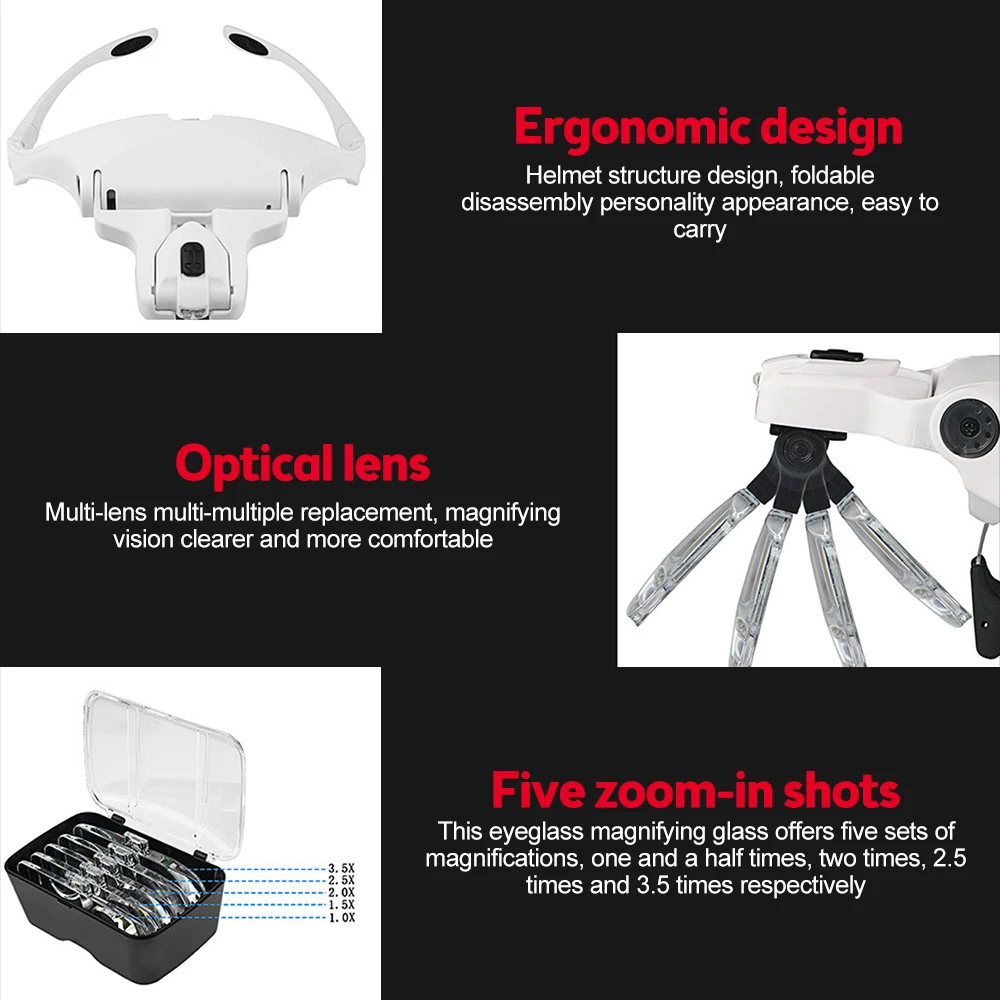 Lupas Lupa iluminada de lectura 1.0X 1.5X 2.0X 2.5X 3.5X 2 luces Lupa iluminada con cabeza ajustable - imagen 5