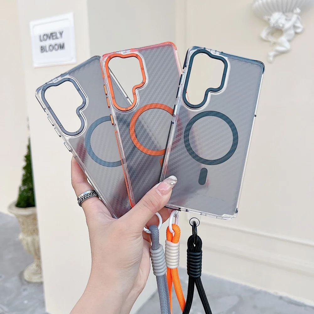 Funda de teléfono magnética de fibra de carbono con cordón de lujo para Samsung S24 S25 Ultra S23 Plus, funda protectora de carga inalámbrica Magsafe - imagen 3