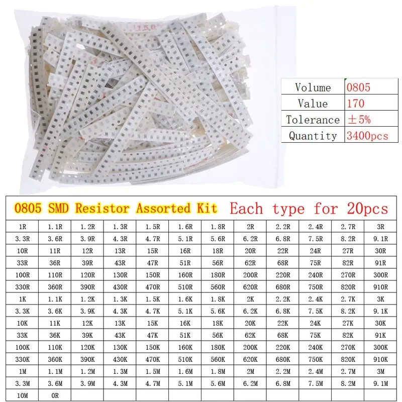 0402 0603 0805 1206 2512 5% Kit surtido de resistencias fijas de chip SMD 0 ohm-10M Paquete de muestras - imagen 3