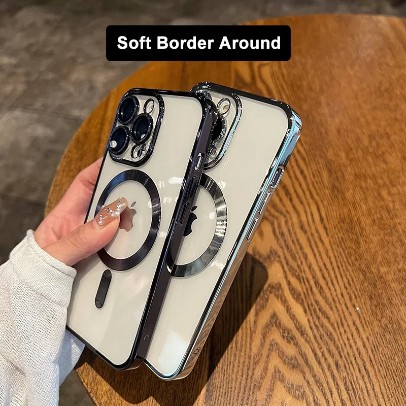 Fundas magnéticas para iPhone 17 Air 16 15 14 13 12 11 Pro Max para funda Magsafe chapada cubierta de carga inalámbrica de silicona suave transparente - imagen 4