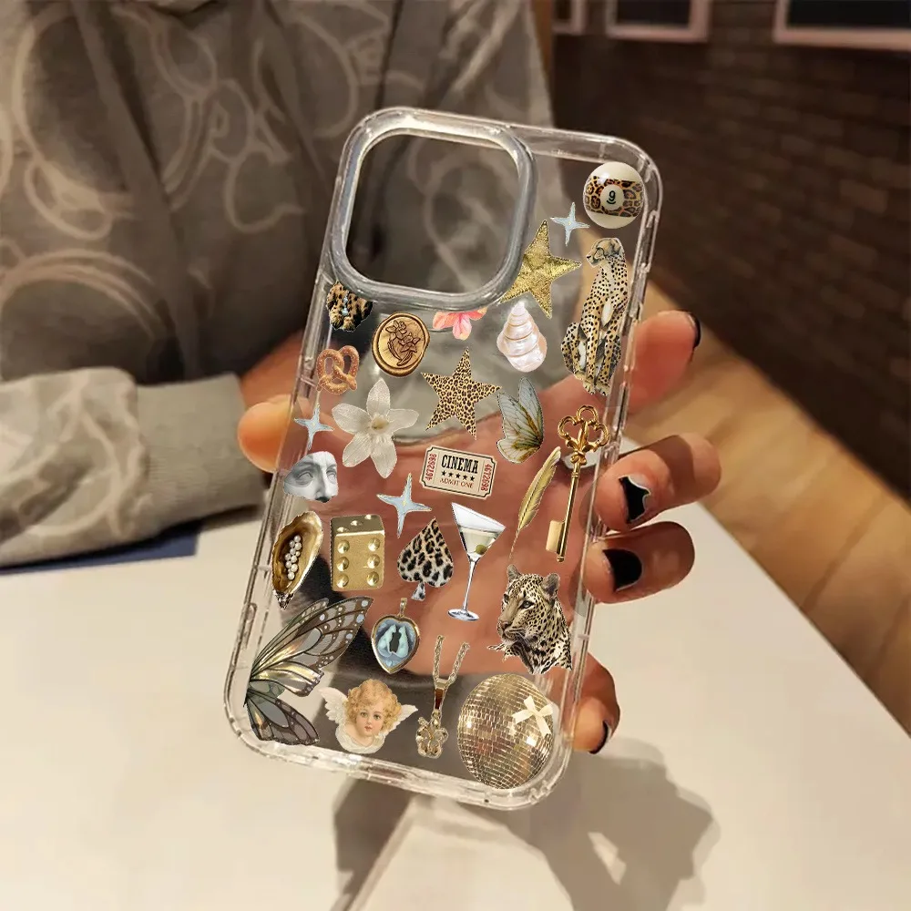 Funda de teléfono transparente estética con estampado de leopardo dorado, funda diseñada para iPhone 17 16 15 14 13 12 11 Pro Max Plus XR X XS 7 8