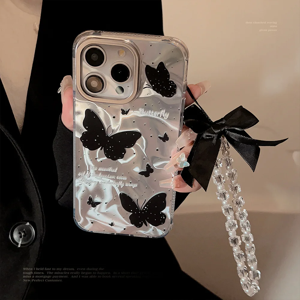 Funda de teléfono holográfica de mariposa negra con cordón para iPhone 15 PRO MAX PLUS 14 13 12 funda reflectante de moda para teléfono - imagen 3