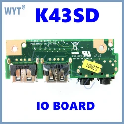Placa I/O ASUS K43SD con USB 2.0, audio y botón de encendido