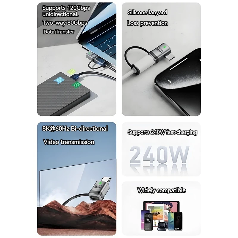 Adaptador USB tipo C de Metal de 240W, convertidor OTG de 40gbps, transferencia de datos, indicador de carga de 48V 5A USB-C para teléfono Macbook Air y portátil - imagen 2