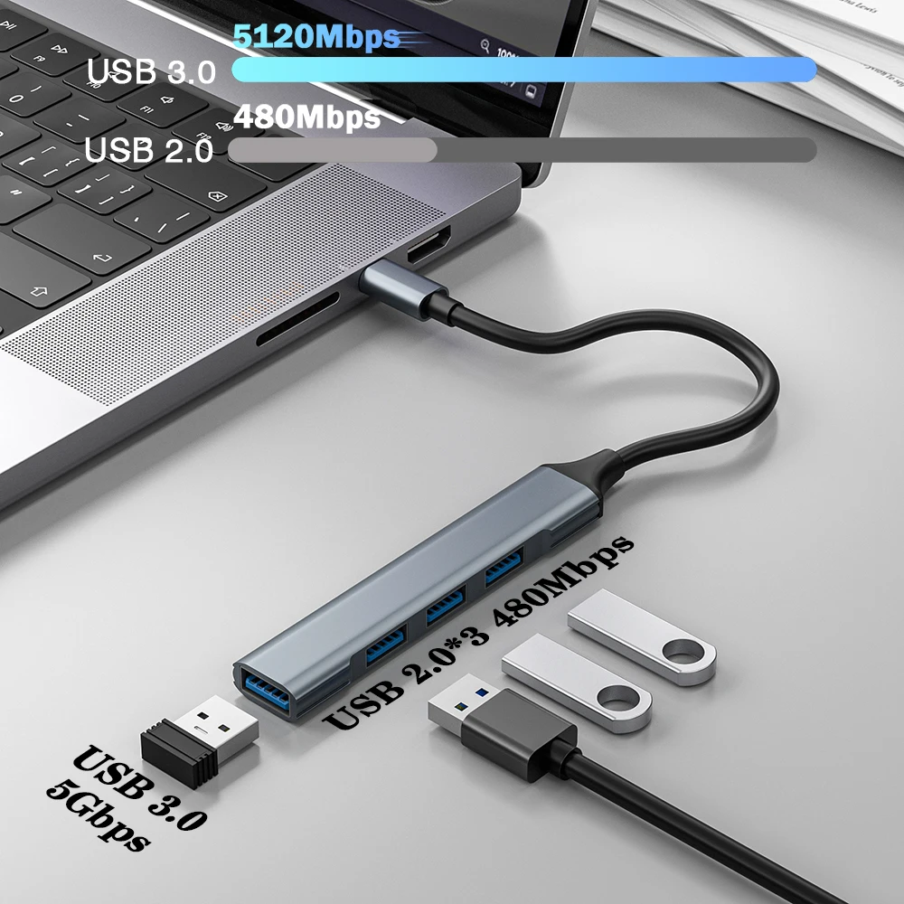 USB 3,0 HUB tipo C a 4 puertos USB HUB adaptador USB3.0 multidivisor de alta velocidad 5Gbps con PD 100W para Macbook Pro Air PC portátil - imagen 4