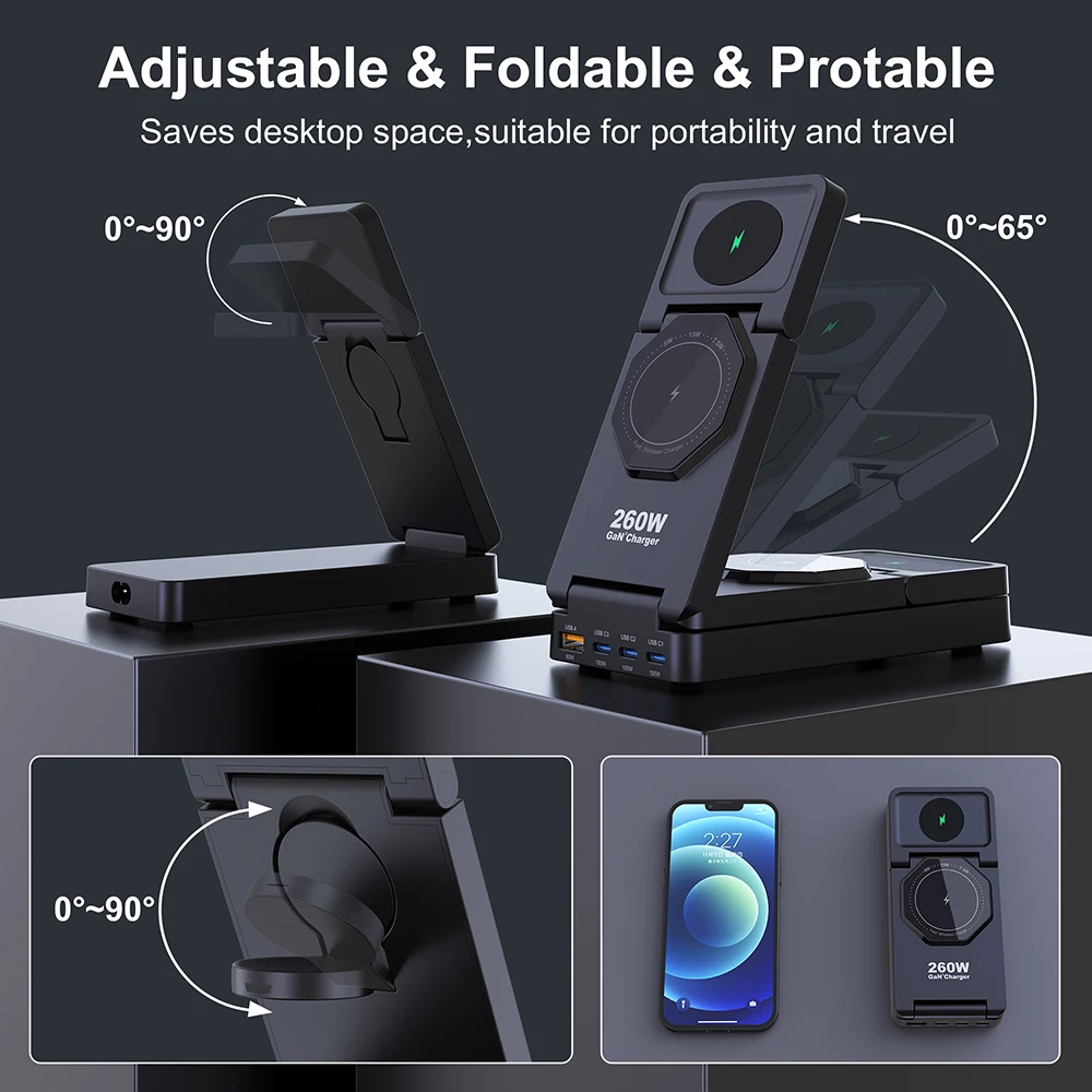 Ubigbuy 260W GaN estación de carga PD100W PPS 65W USB tipo C cargador rápido inalámbrico magnético plegable para MacBook iPhone 16 Samsung - imagen 5