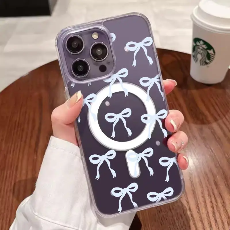 Funda Magsafe con lazo de flores y carga inalámbrica magnética para iPhone 16 15 14 13 12 11 Pro XS XR Max Mini Plus transparente de lujo - imagen 4