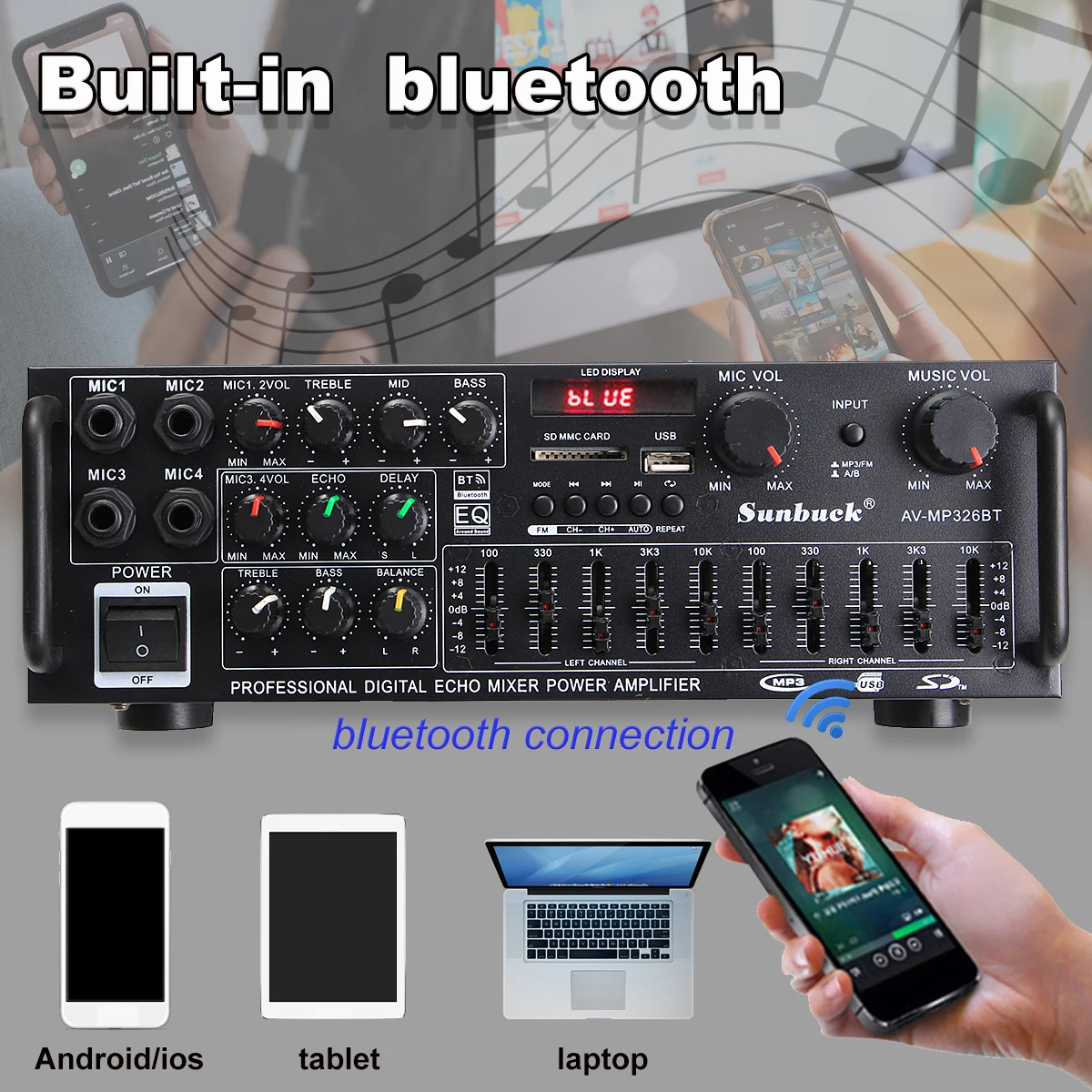 AMPLIFICADOR DE Audio HiFi para coche, sistema de sonido de cine en casa, 2000W, 326BT 5,0, Bluetooth, 12V/220V, AV Amp, 2 canales, 4 Micro - imagen 2