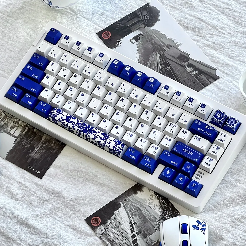 Diseño Original PBT Keycap 142 teclas porcelana azul y blanca perfil cereza tinte SUB para teclado mecánico GH60 GK61 64 68 75 84 - imagen 5