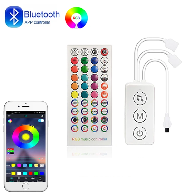 Controlador RGB Bluetooth, 4 pines, 12V, cambio de Color, controlador de luces LED RGB, control remoto inteligente, controlador LED RGB de 40 teclas, sincronización de música