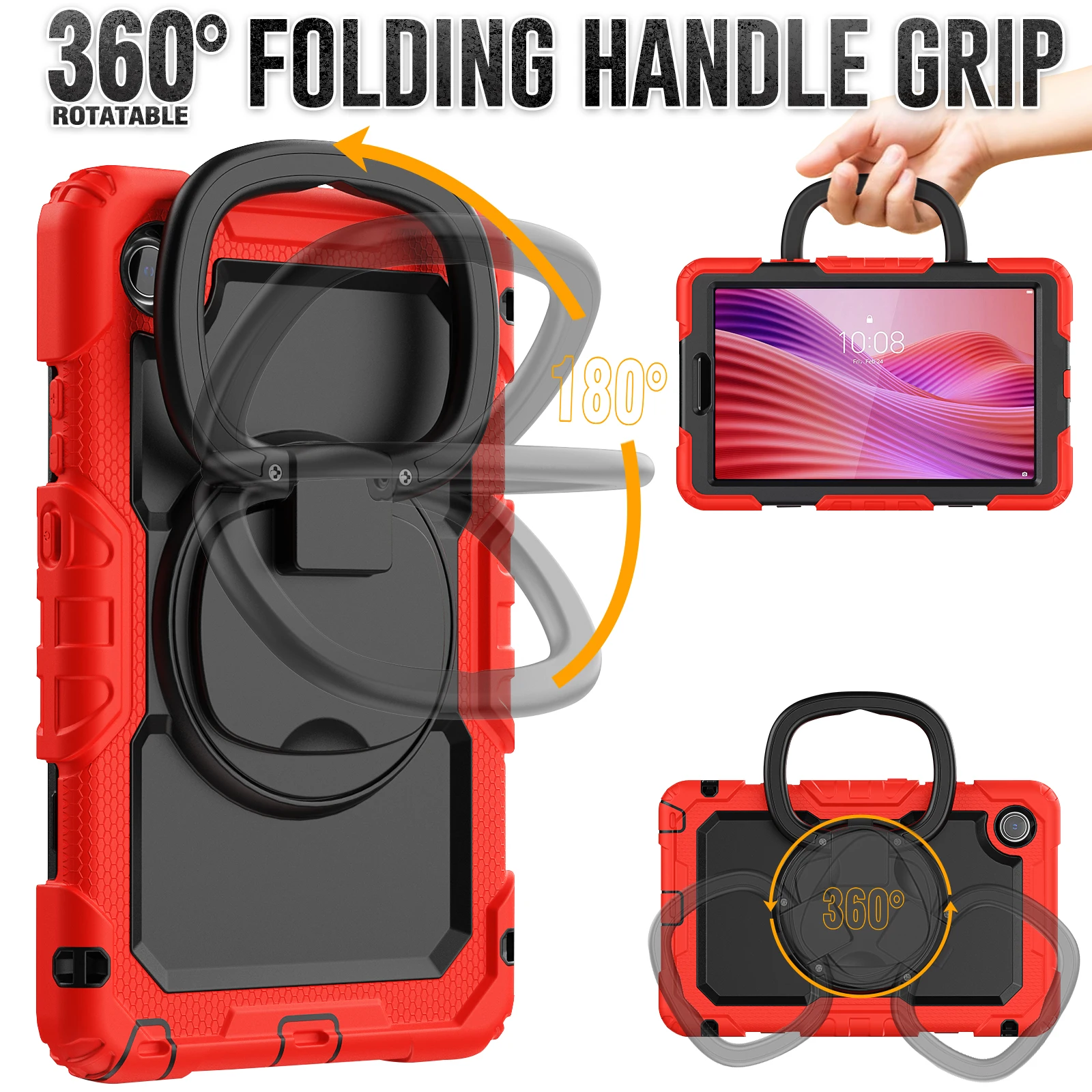 Funda con soporte giratorio 360 para Lenovo Tab One (K9) 2025, cubierta de armadura híbrida TB305FU de 8,7 pulgadas con mango plegable y correa para el hombro - imagen 3