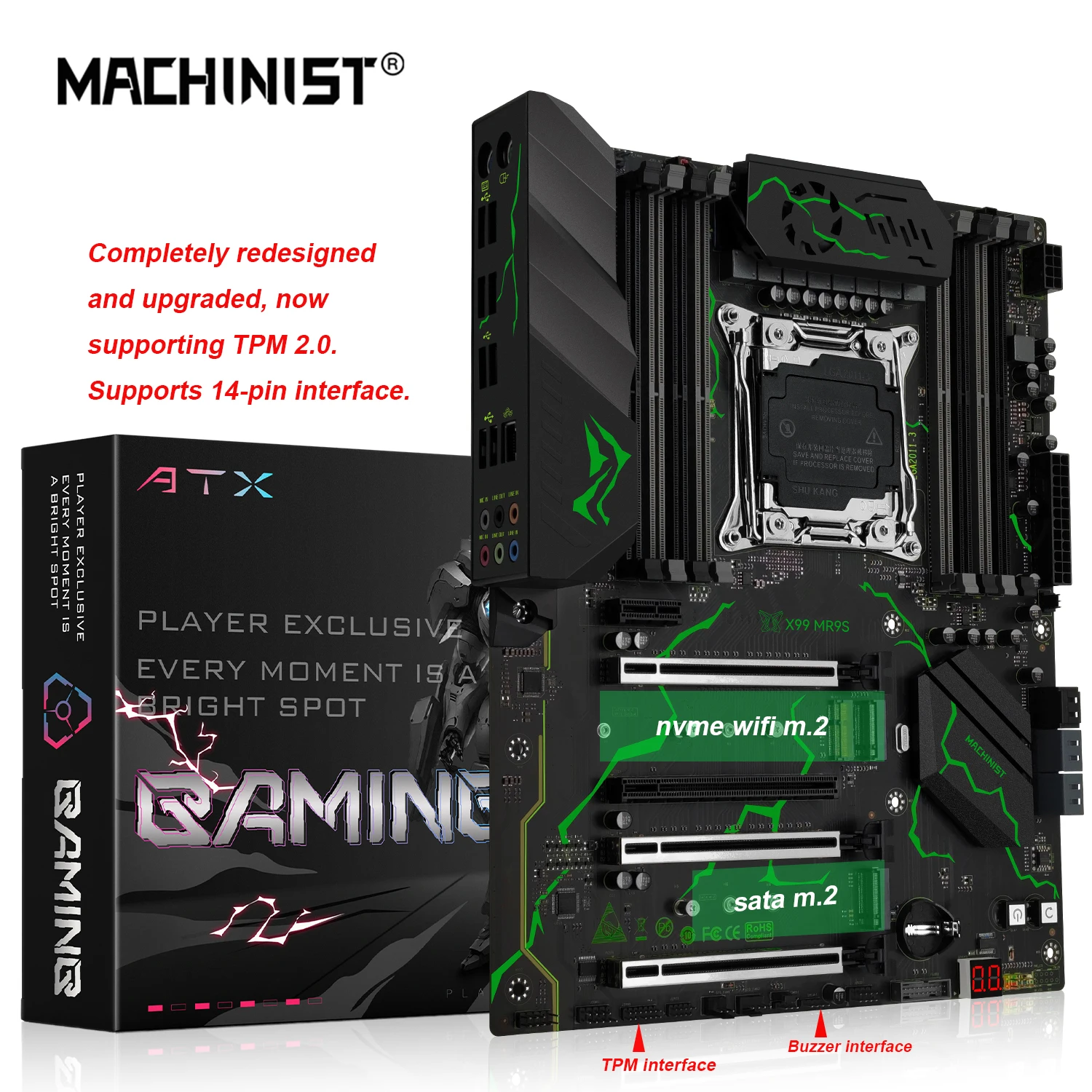 Placa base MACHINIST X99 MR9S LGA2011-3 SATA3.0 USB3.0 NVME M.2 NGFF WIFI compatible con memoria DDR4 y CPU Xeon E5 V3V4 TPM2.0 14PIN