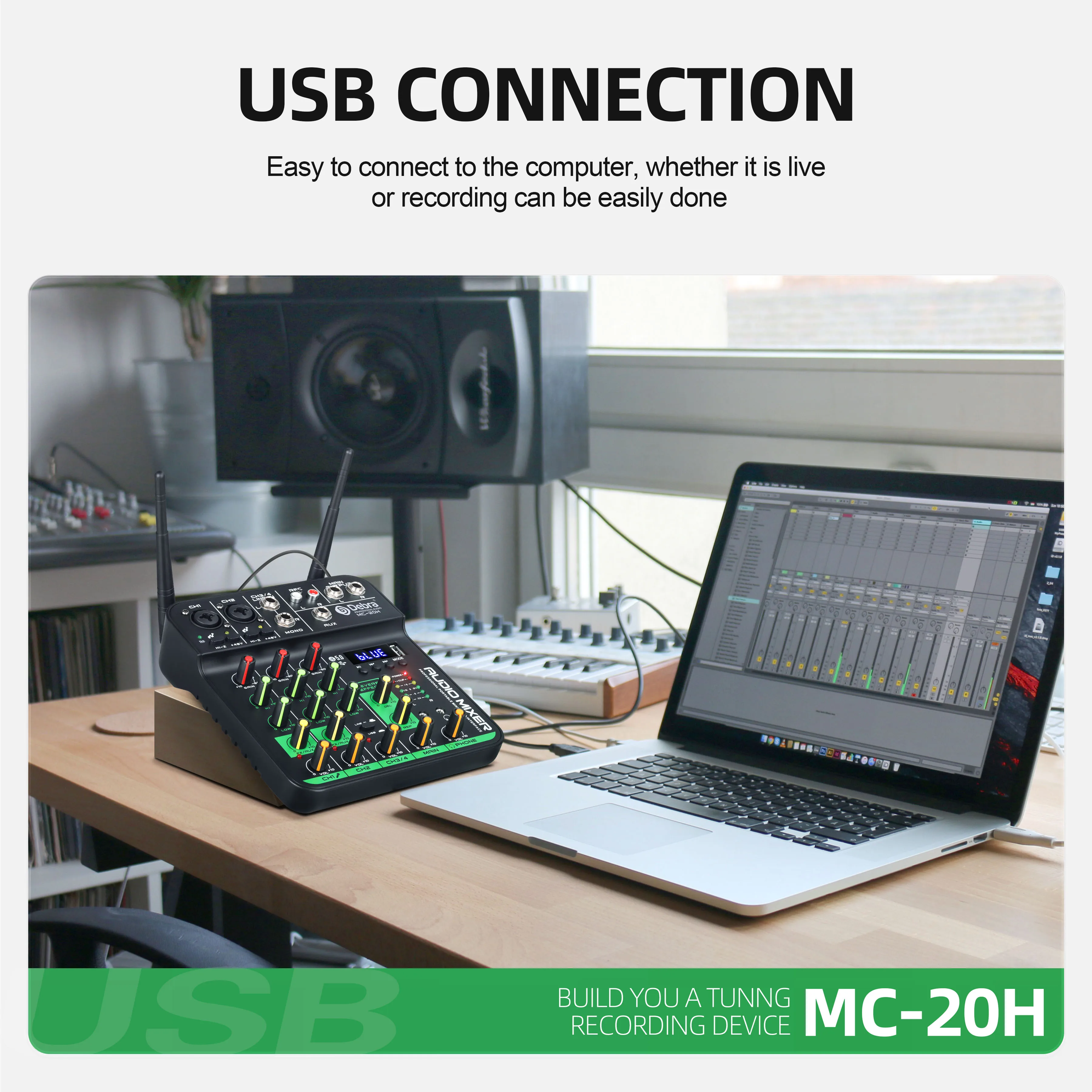Consola mezcladora de sonido Debra de 4 canales con 2 micrófonos inalámbricos, interfaz de audio USB, efectos de retardo/repetición para PC y actuaciones en vivo - imagen 5