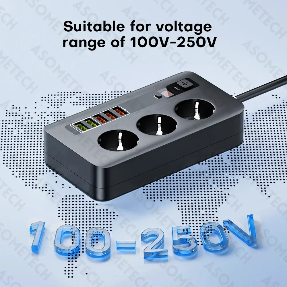 ASOMETECH-tira de alimentación de la UE, enchufe europeo de 2500W, extensión de enchufe, protección contra sobrecarga, Cargador USB C - imagen 5