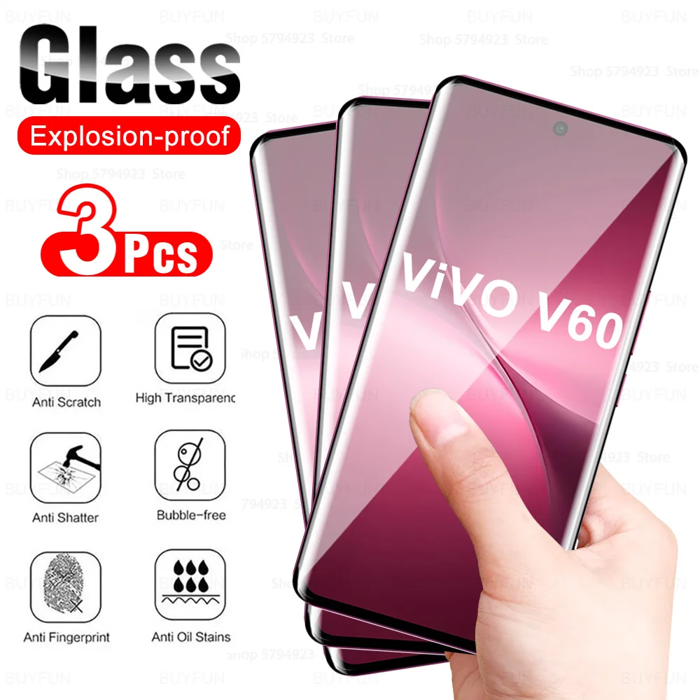 3 uds 9H vidrio curvo para vivo V60 5G Protector de pantalla de vidrio templado cubierta de teléfono para vivoV60 vivo V 60 50 40 30 Pro V30e V50e 5g