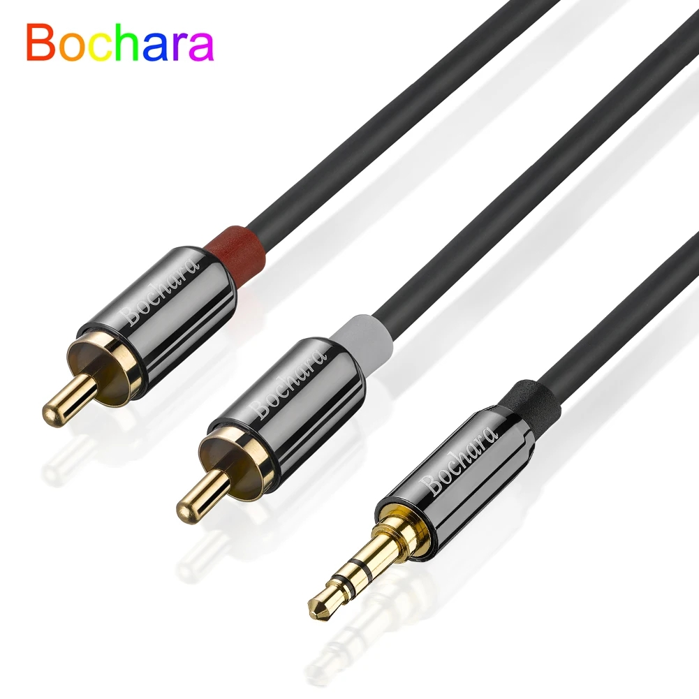 Bochara-cable de Audio TRS 1/8mm a 2RCA OFC, Cable de aluminio + blindaje trenzado para altavoces, amplificador, 5m, 10m, 15m, 20m, 3,5"