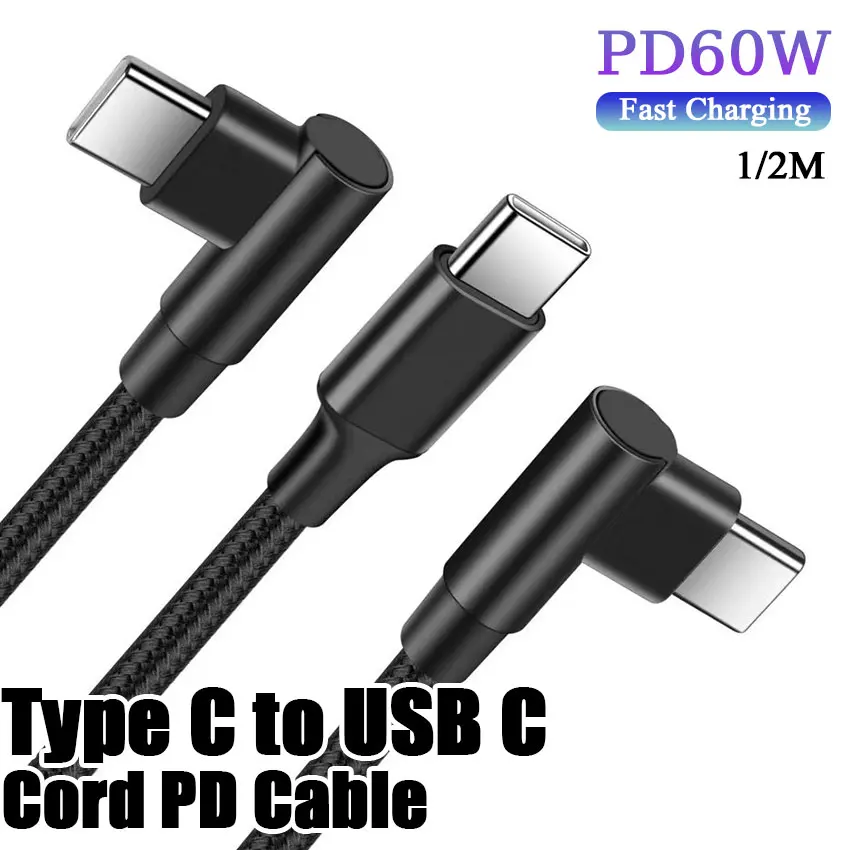 1/3/5 Uds 90 grados 0,3 m/1m/2m 60W3A cargador rápido 90 grados USB tipo C a USB C Cable conector de Cable PD