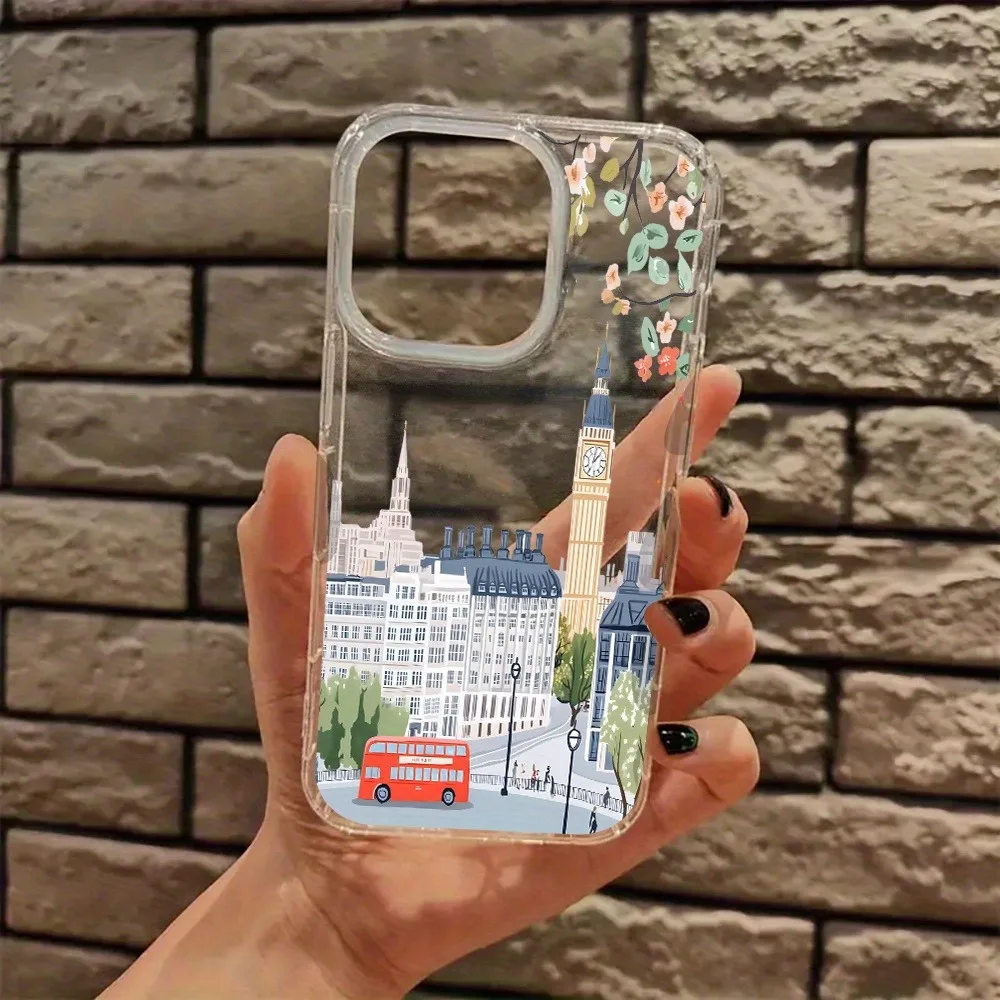 Encantador paisaje urbano de Londres con flores rosas funda de teléfono transparente para iPhone 17 16 15 14 13 12 11 Pro Max XS XR 7 8 Plus - imagen 2