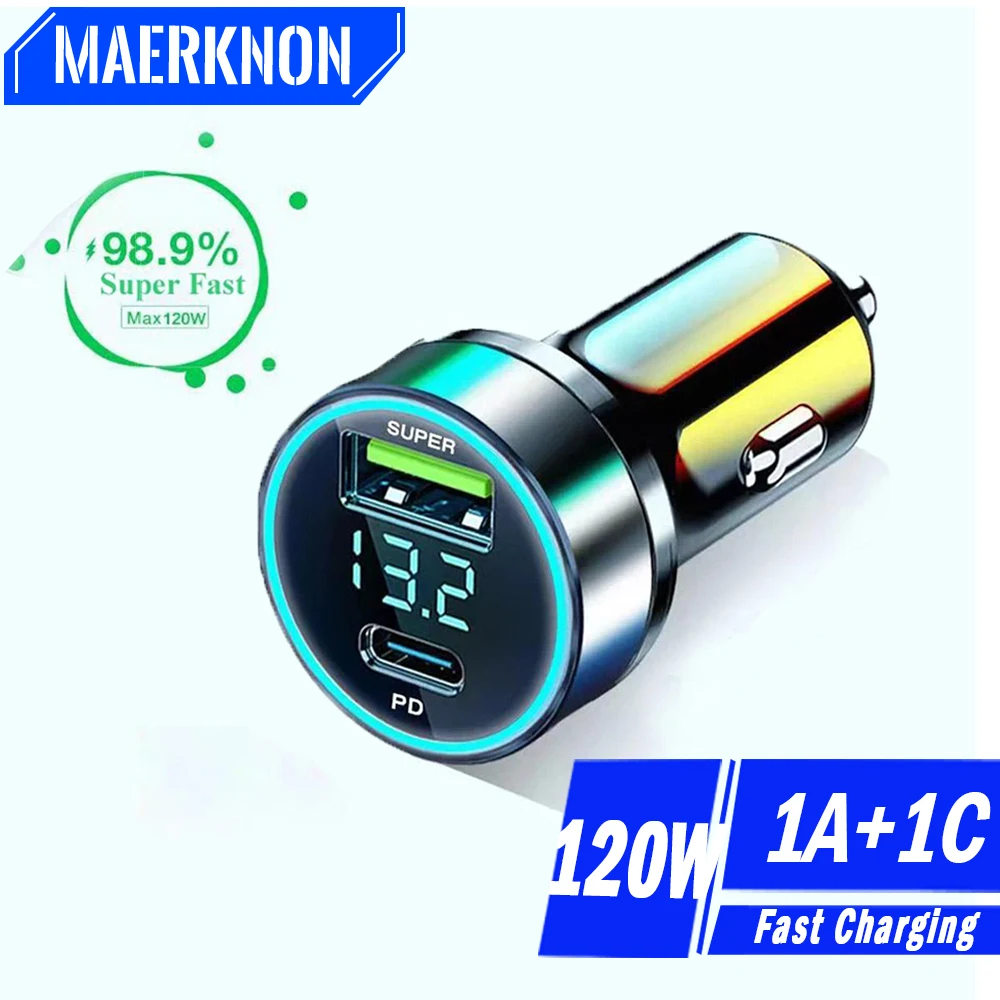 Cargador de coche USB tipo C de 120W, adaptador de teléfono de carga rápida USB, adaptador de coche, enchufe, encendedor de cigarrillos para Xiaomi y Huawei