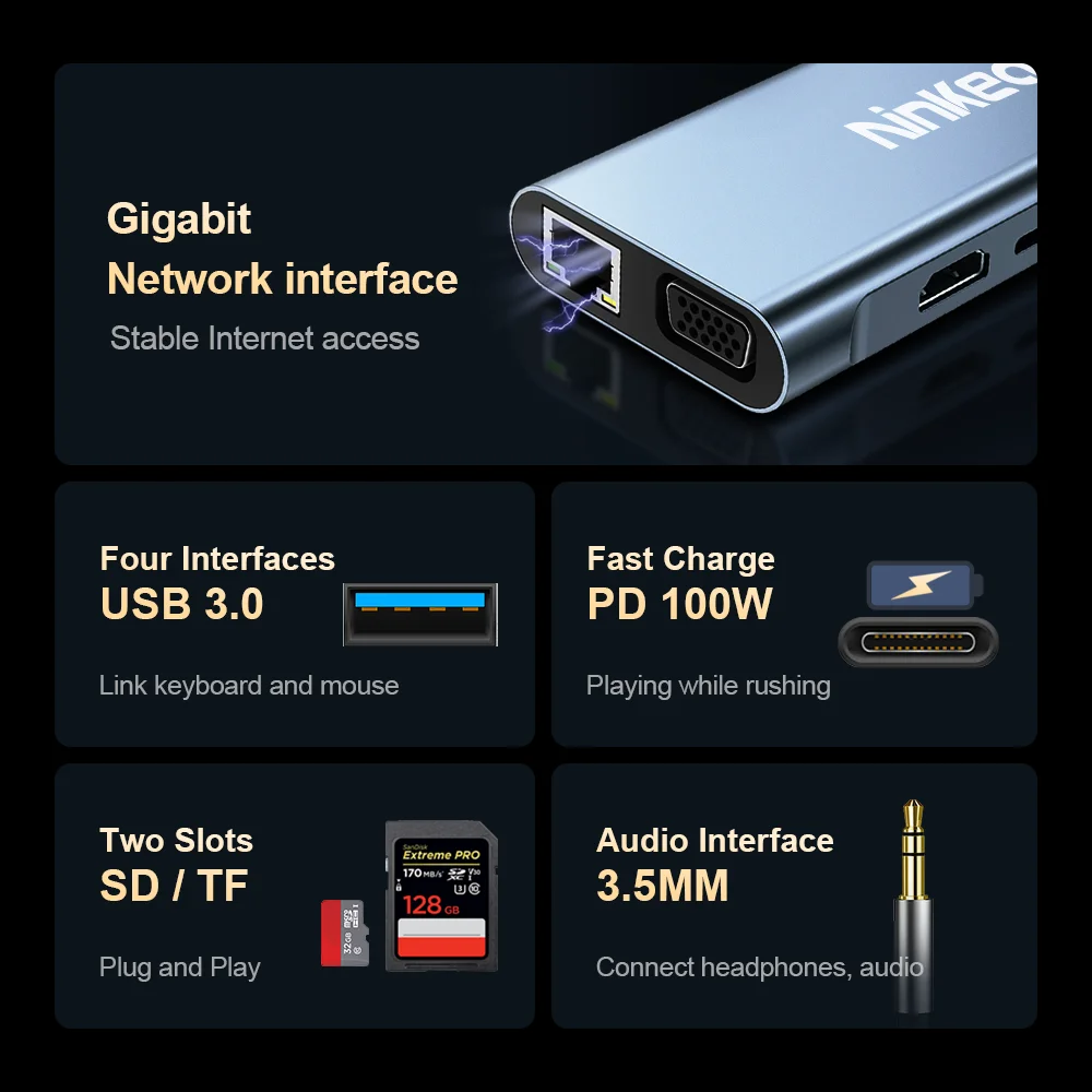 Estación de acoplamiento Ninkear 11 en 1 Resolución HD 4K 30Hz USB2.0*3 USB3.0*1 Resolución VGA 1080P /60Hz Carcasa de aleación de aluminio - imagen 2