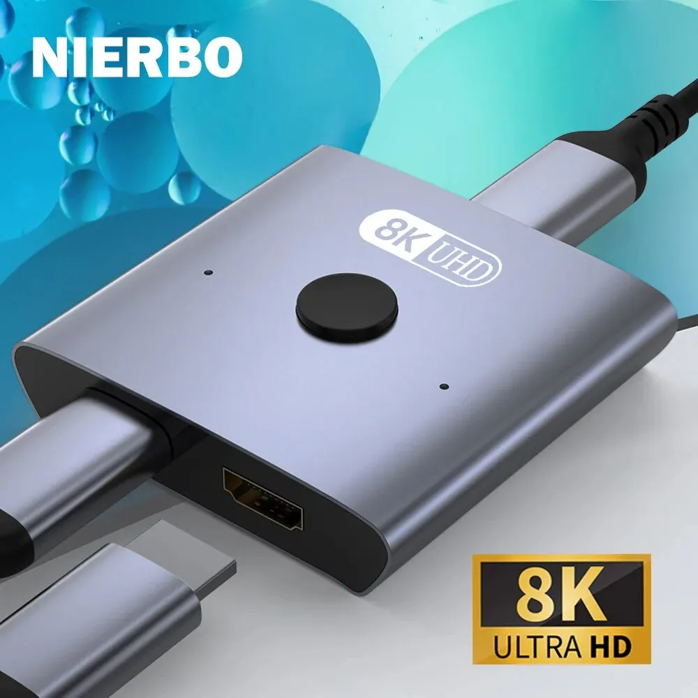 NIERBO 8K Bidireccional HDMI 2.1 Switch Splitter 2 en 1 Out Ultra HD 4K@120Hz 8K@60Hz 48Gbps Hub HDMI de aluminio para PS5 Xbox