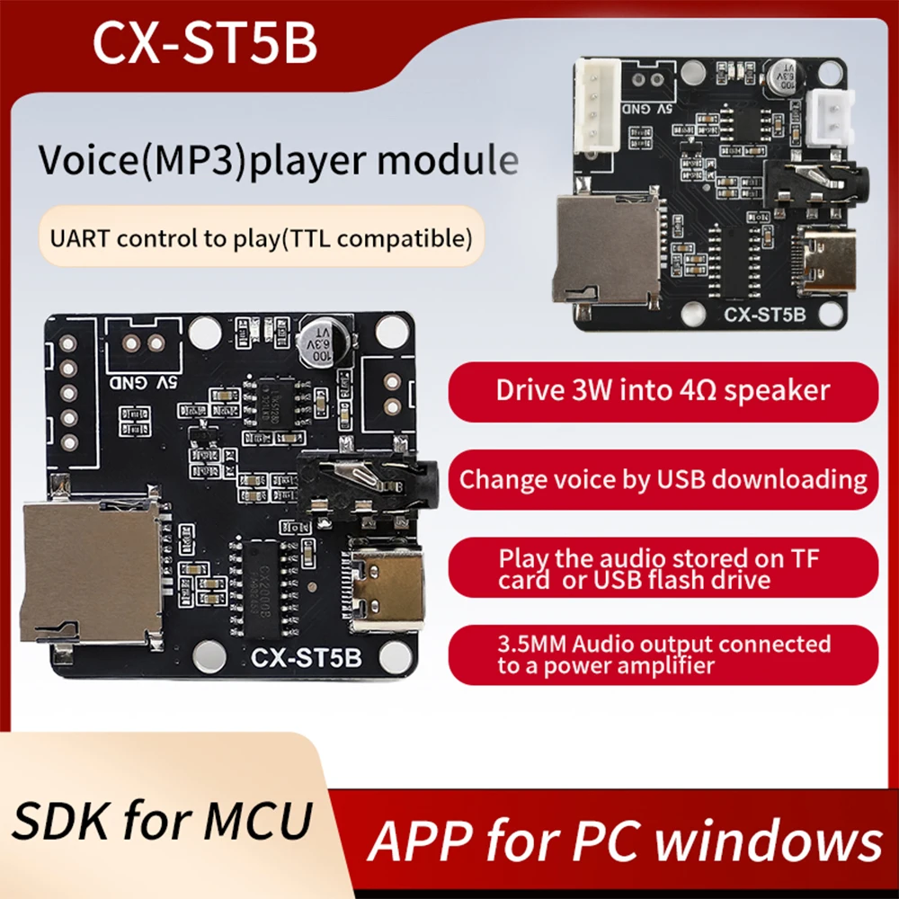 DC 3,3-5,2 V ST5B puerto serie Mp3 módulo de Chip de voz activadores de Control transmisión de voz tarjeta TF módulo de Audio personalizado tipo C - imagen 2