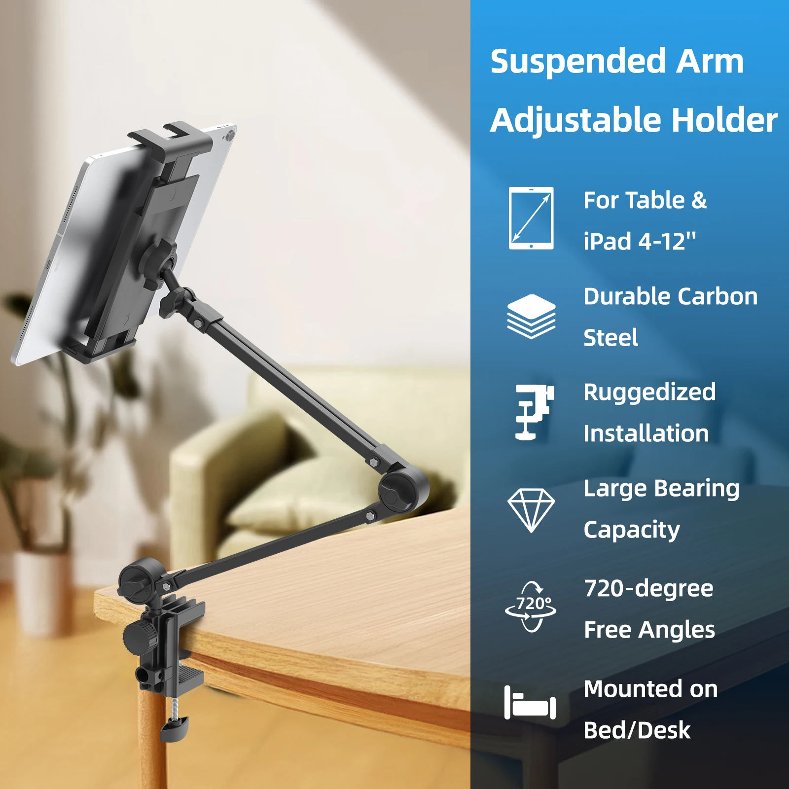 Brazo mecánico de tres secciones para tableta, soporte de metal para teléfono móvil, mesita de noche, soporte cantilever para ipad, vídeo de escritorio, tipo universal - imagen 2