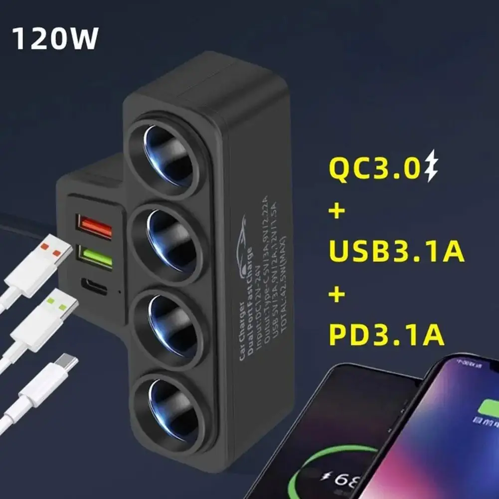 Adaptador de encendedor de cigarrillos de coche de 12V/24V nuevo cargador de 4 enchufes 3.1A USB de coche + QC3.0 + PD3.1A accesorios puerto USB 120W - imagen 3