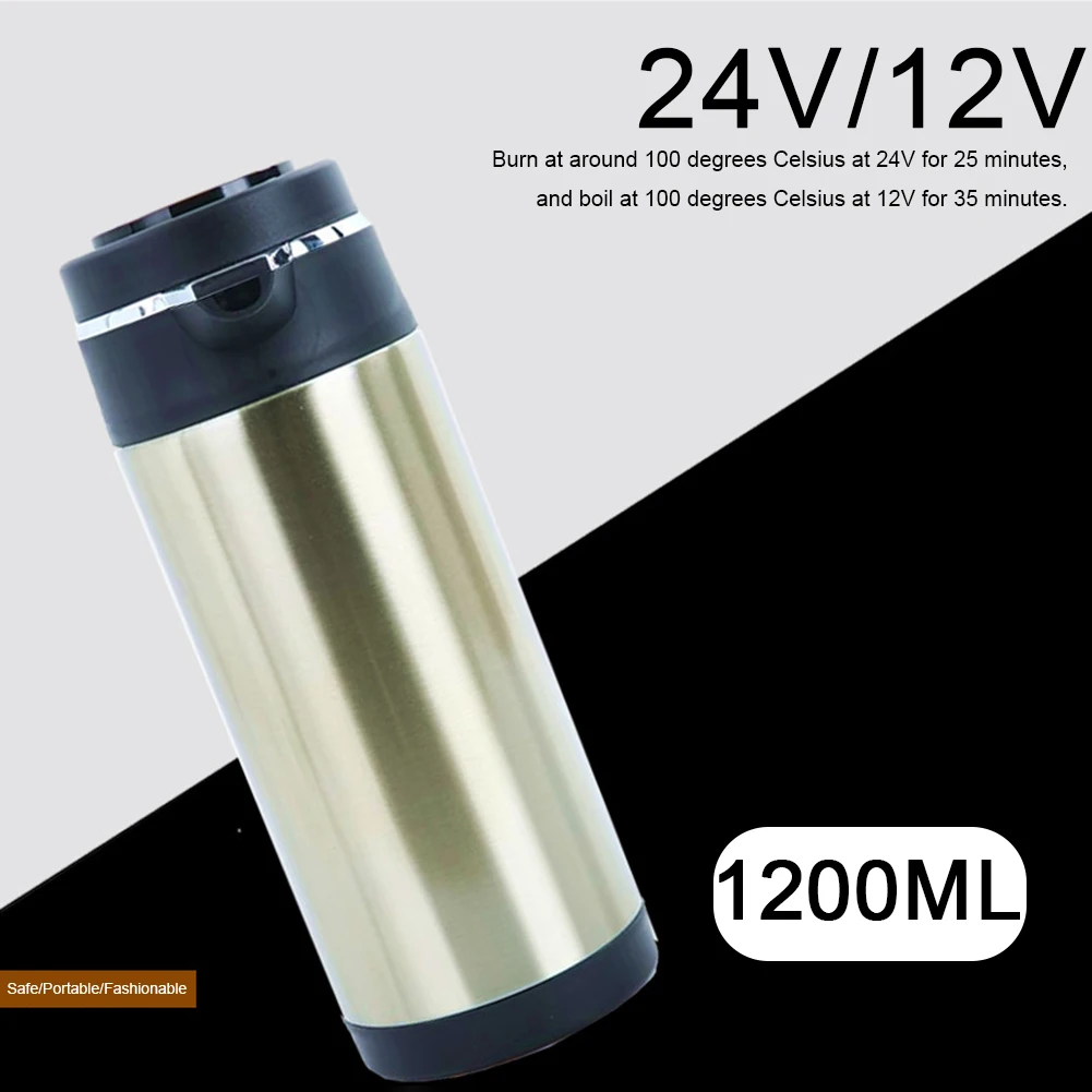 Hervidor de taza con calefacción eléctrica para coche, botella calentadora de agua de acero inoxidable a prueba de fugas, apagado automático, hervidor de ebullición rápida, 12V/24V, 1200ML - imagen 4