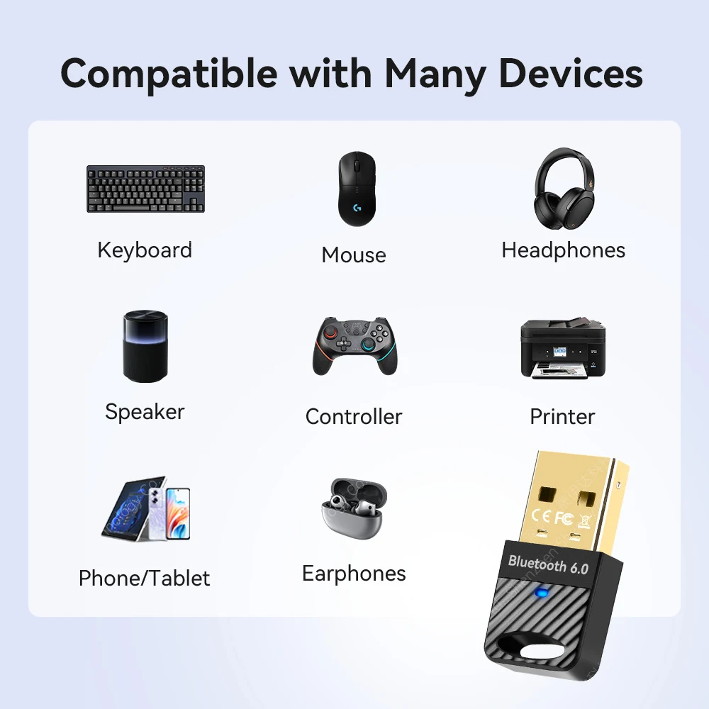 Adaptador Bluetooth 6,0 para Pc Usb Bluetooth 6,0 Dongle receptor para altavoz ratón teclado música Audio transmisor Bluetooth - imagen 2