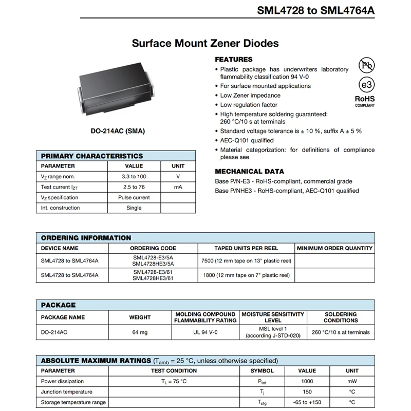 SML4736 6P8 1W/6,8V SML4737A 7P5 1W/7,5V SML4738A 8P2 1W/8,2V SML4739A 9P1 1W/9,1V SML4740 10 1W/10V SML4741 11 1W/11V Diodo Zener - imagen 3