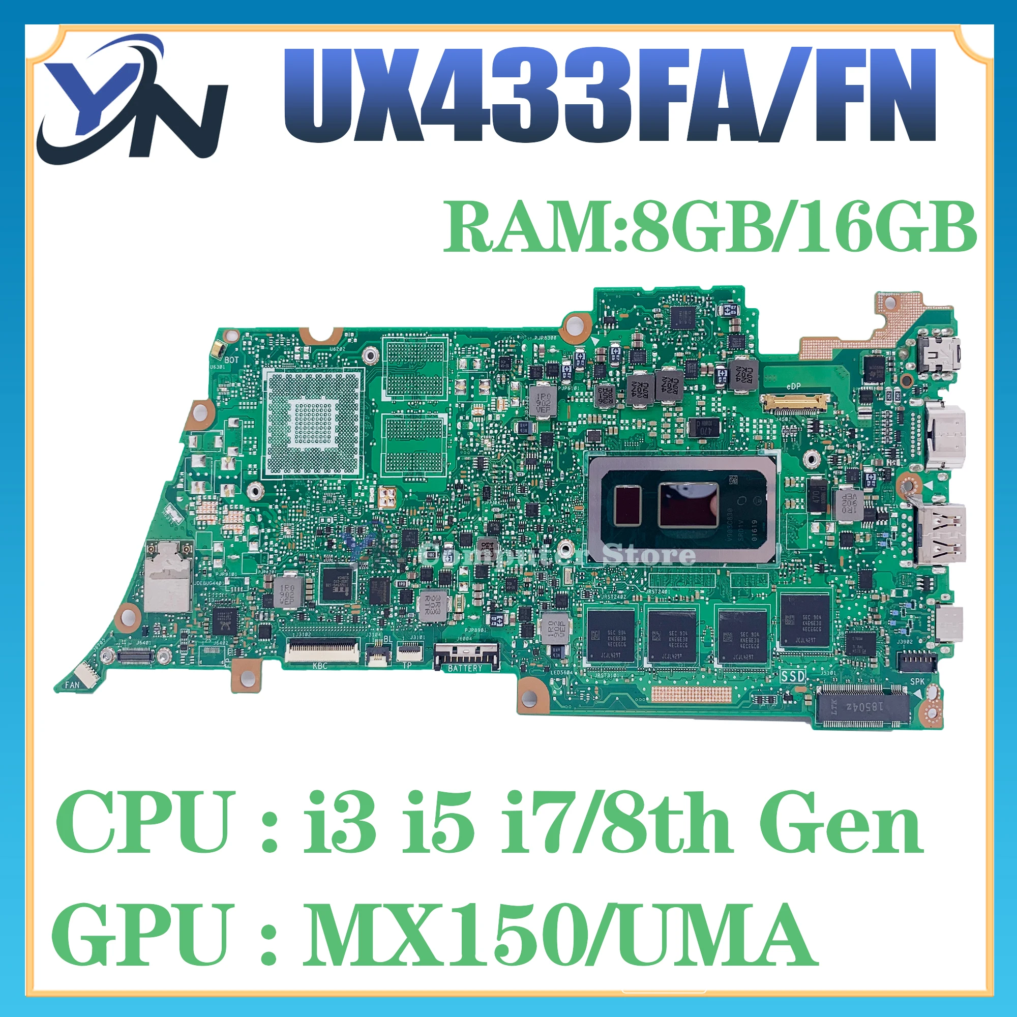 Placa base UX433F para portátil ASUS ZenBook 13, UX433FN, UX433FA, UX433, I3, I5, I7, 8G/16G-RAM, MX150/UMA, 100% prueba OK