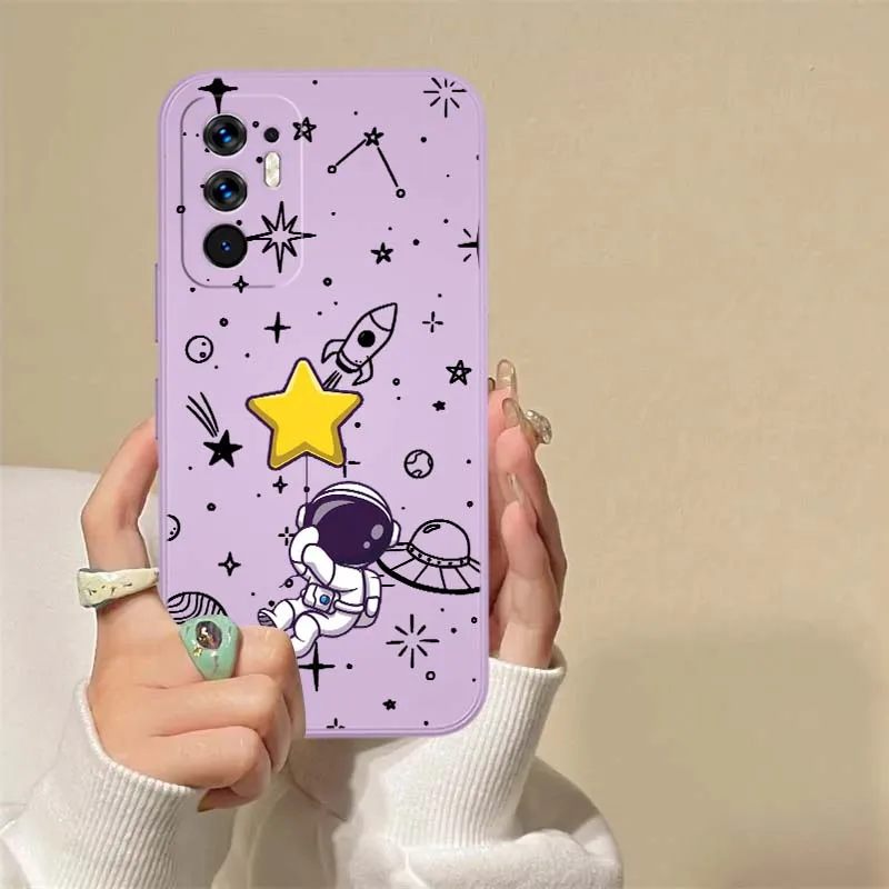 Líneas de dibujos animados de astronauta para OPPO Reno 14, 13, 9, 8, 7 Z T SE Pro Lite Pro Plus 5G, funda de teléfono suave con borde recto - imagen 4