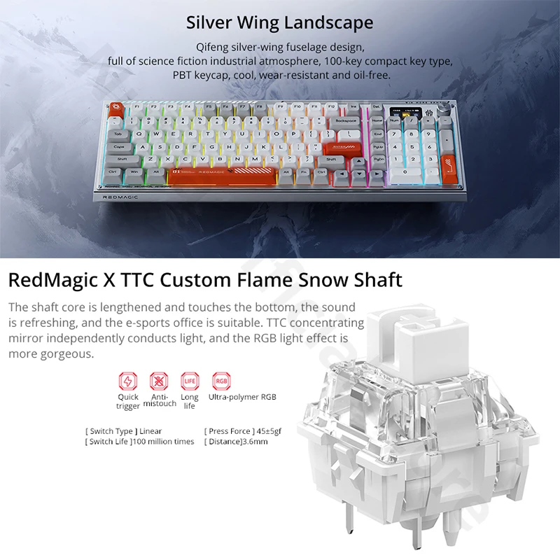 Teclado mecánico Original Redmagic, accesorio mecánico de 3 modos, cable e inalámbrico, 100 teclas, QS, BR, luz RGB, PBT - imagen 3