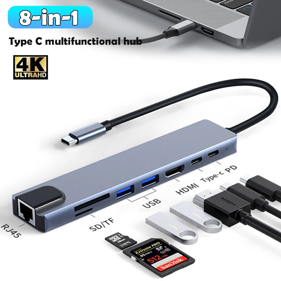 8 en 1 USB tipo C Hub adaptador USB divisor para MacBook Mac ordenadores portátiles PC USB C RJ45 Compatible con HDMI USB3.0 2,0 tarjeta SD/TF Hub USB